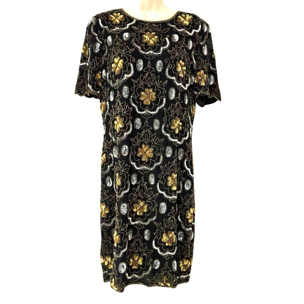 Adrianna Papell Evening Vintage Gold Silver Beaded Knee Length Formal Dress 12 - Picture 7 of 16